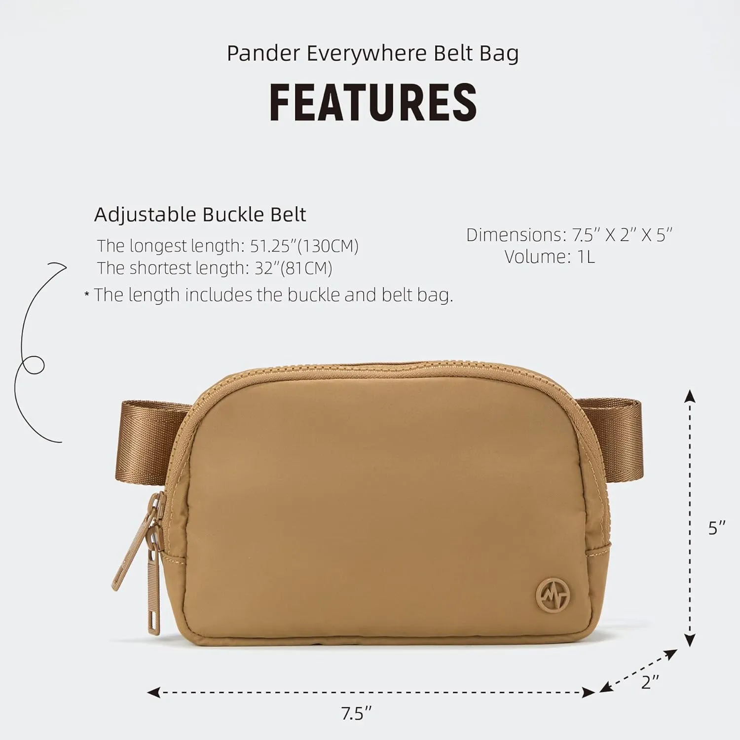 Pander Two Way Zipper Fanny Pack Nylon Everywhere Belt Bag for Women, Water Repellent Waist Packs, Crossbody Bags with Adjustable Strap (Caramel Brown).