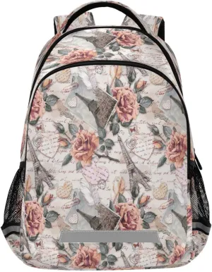 Paper Hearts Eiffel Tower Kid's Backpack, Rose Flowers Postal Stamps Feather Backpacks for Boys Girls, 16 inch Casual Daypack Back Pack Laptop Bag Double Zipper Travel Bags with Adjustable Shoulder