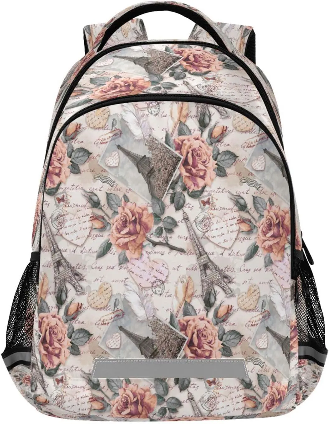 Paper Hearts Eiffel Tower Kid's Backpack, Rose Flowers Postal Stamps Feather Backpacks for Boys Girls, 16 inch Casual Daypack Back Pack Laptop Bag Double Zipper Travel Bags with Adjustable Shoulder