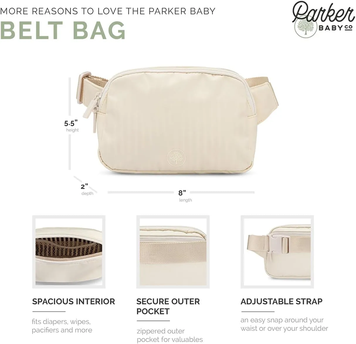 Parker Baby Diaper Belt Bag - Portable Fanny Pack Diaper Bag, Crossbody Bag for Moms - "Birch Belt Bag" - Cream