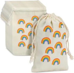 Party Favor Bags - 12-Pack Rainbow Party Favor Bags - Mini Canvas Drawstring Treat Gift Pouches, Rainbow Party Supplies | Kids Birthdays, Unicorn Parties, Rainbows with Gold Glitter, 4 x 6 Inches