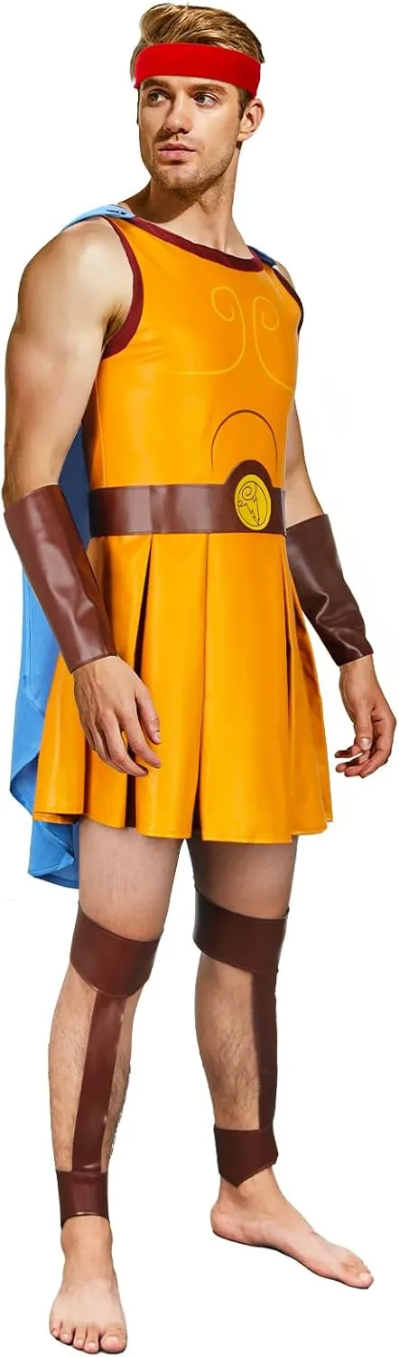 PARTYEVER Ancient Roman Gladiator Solider Costume Men Blue Cape Cloak with Wrist Leg Sleeve Suits Spartan Cosplay Outfits