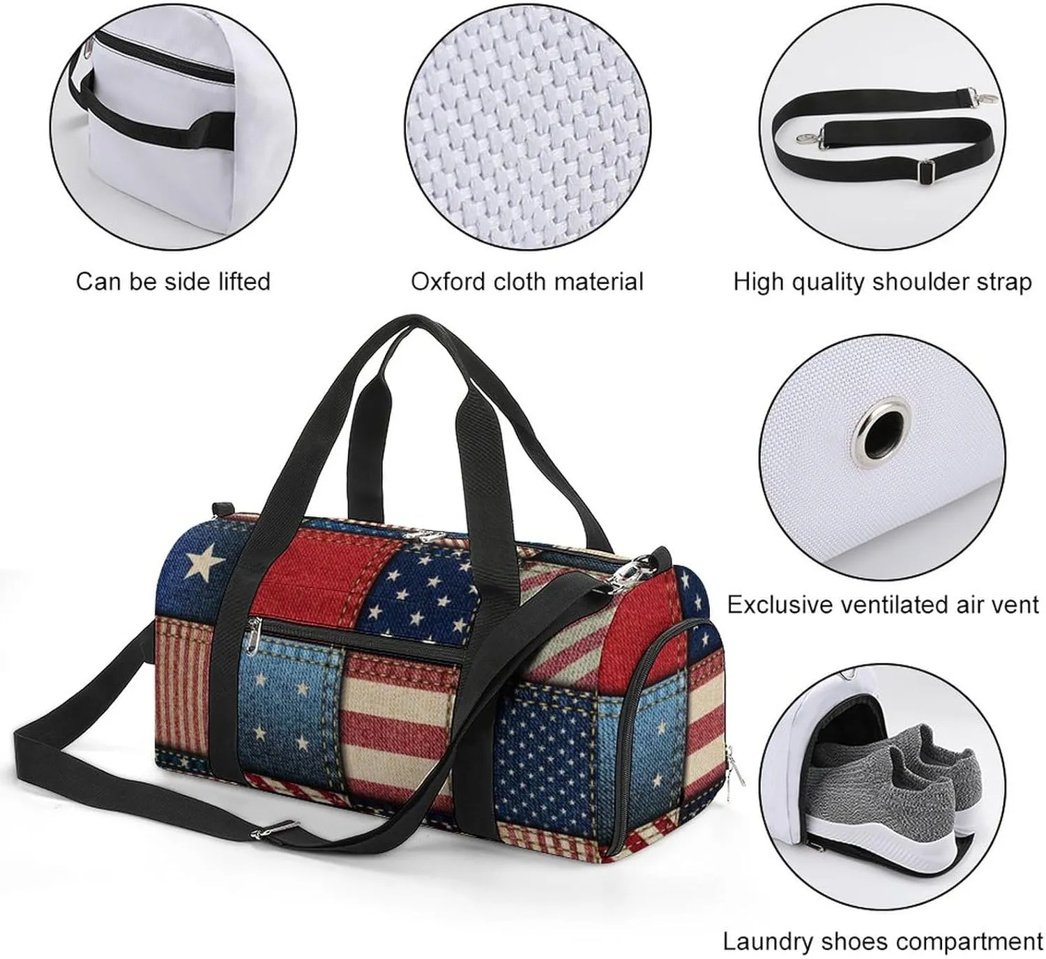 Patchwork of American Flag Sports Tote Gym Bag for Women Men, Overnight Bag with Shoe Compartment Water Resistant