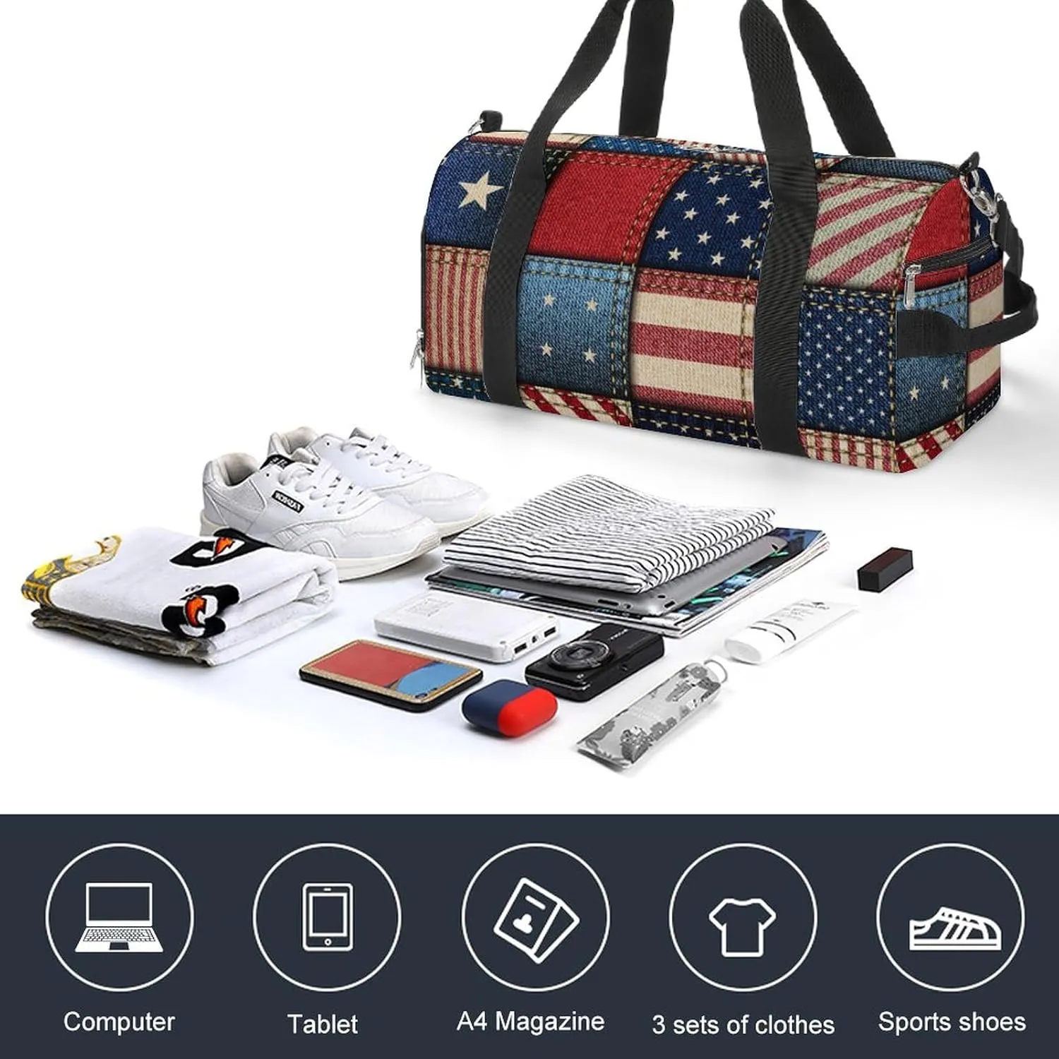 Patchwork of American Flag Sports Tote Gym Bag for Women Men, Overnight Bag with Shoe Compartment Water Resistant