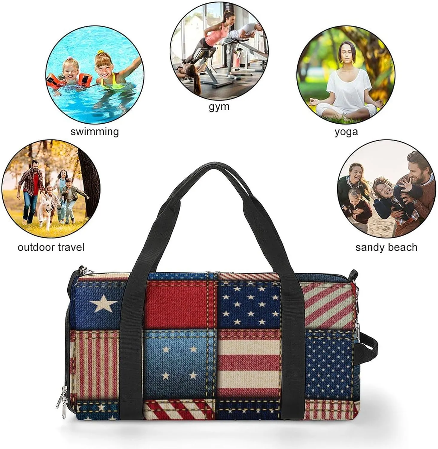 Patchwork of American Flag Sports Tote Gym Bag for Women Men, Overnight Bag with Shoe Compartment Water Resistant
