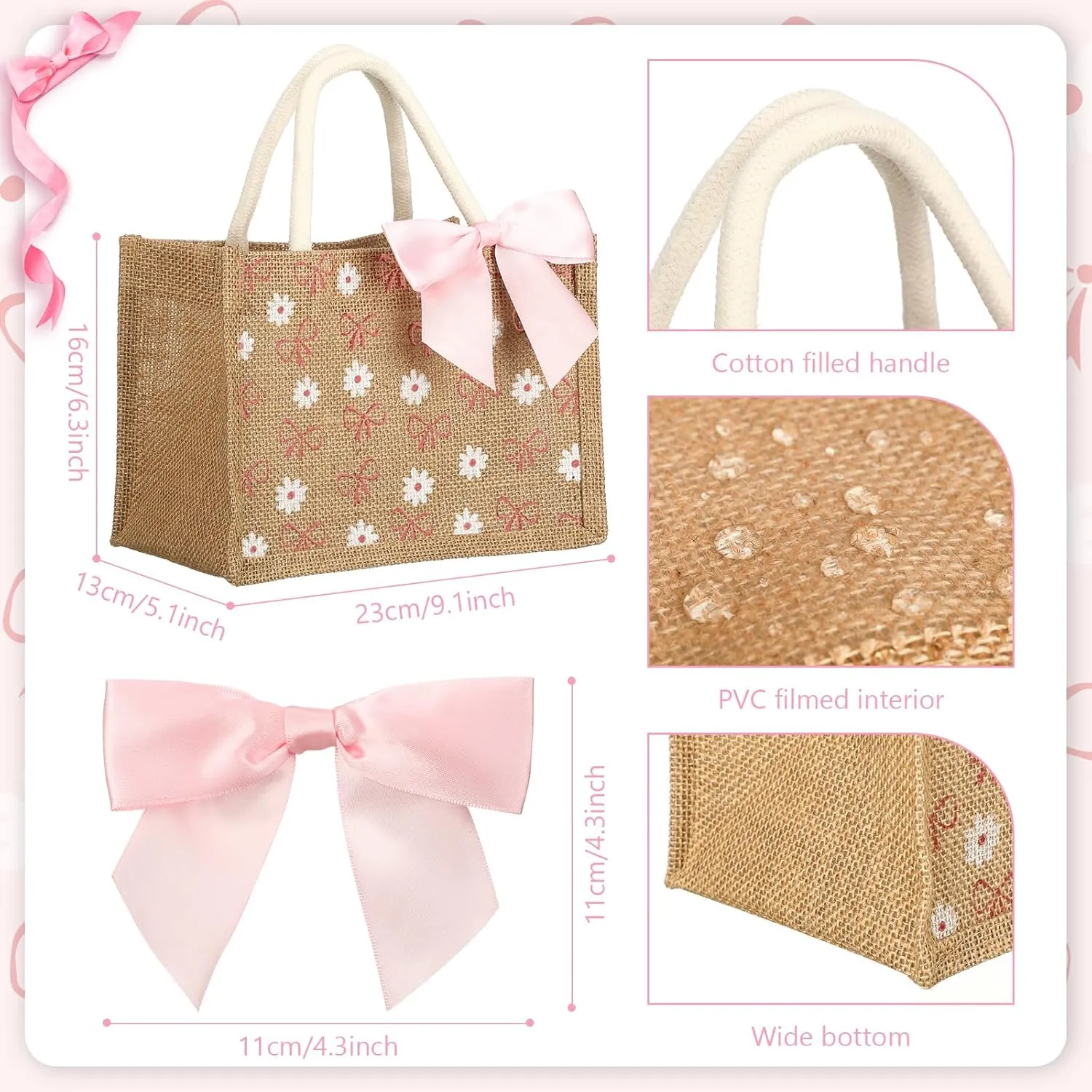 Paterr 12 Pcs Burlap Tote Bag with Handle Coquette Bowknot Daisy Flower Reusable Bag with Pink Ribbon Bow for Party
