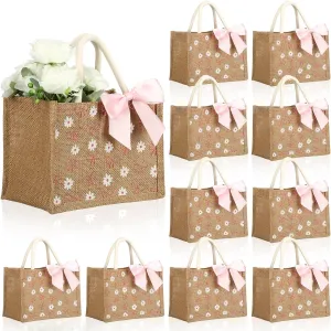 Paterr 12 Pcs Burlap Tote Bag with Handle Coquette Bowknot Daisy Flower Reusable Bag with Pink Ribbon Bow for Party