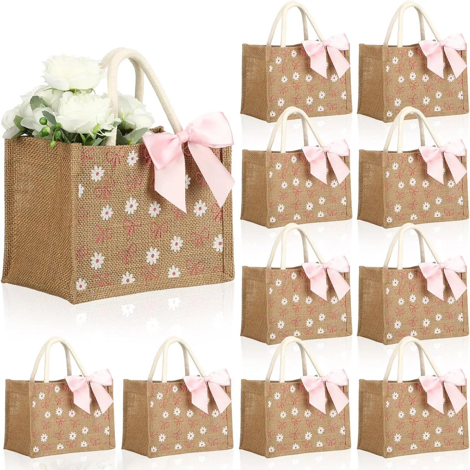 Paterr 12 Pcs Burlap Tote Bag with Handle Coquette Bowknot Daisy Flower Reusable Bag with Pink Ribbon Bow for Party