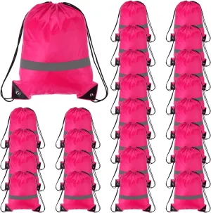 PATIKIL Drawstring Backpack Bulk 25 Pack 210D Polyester Cinch Sack Draw String Bags with Reflective Strips for DIY Women Men Gym Sport Travel Party, Rose Red (17" x 13.4")