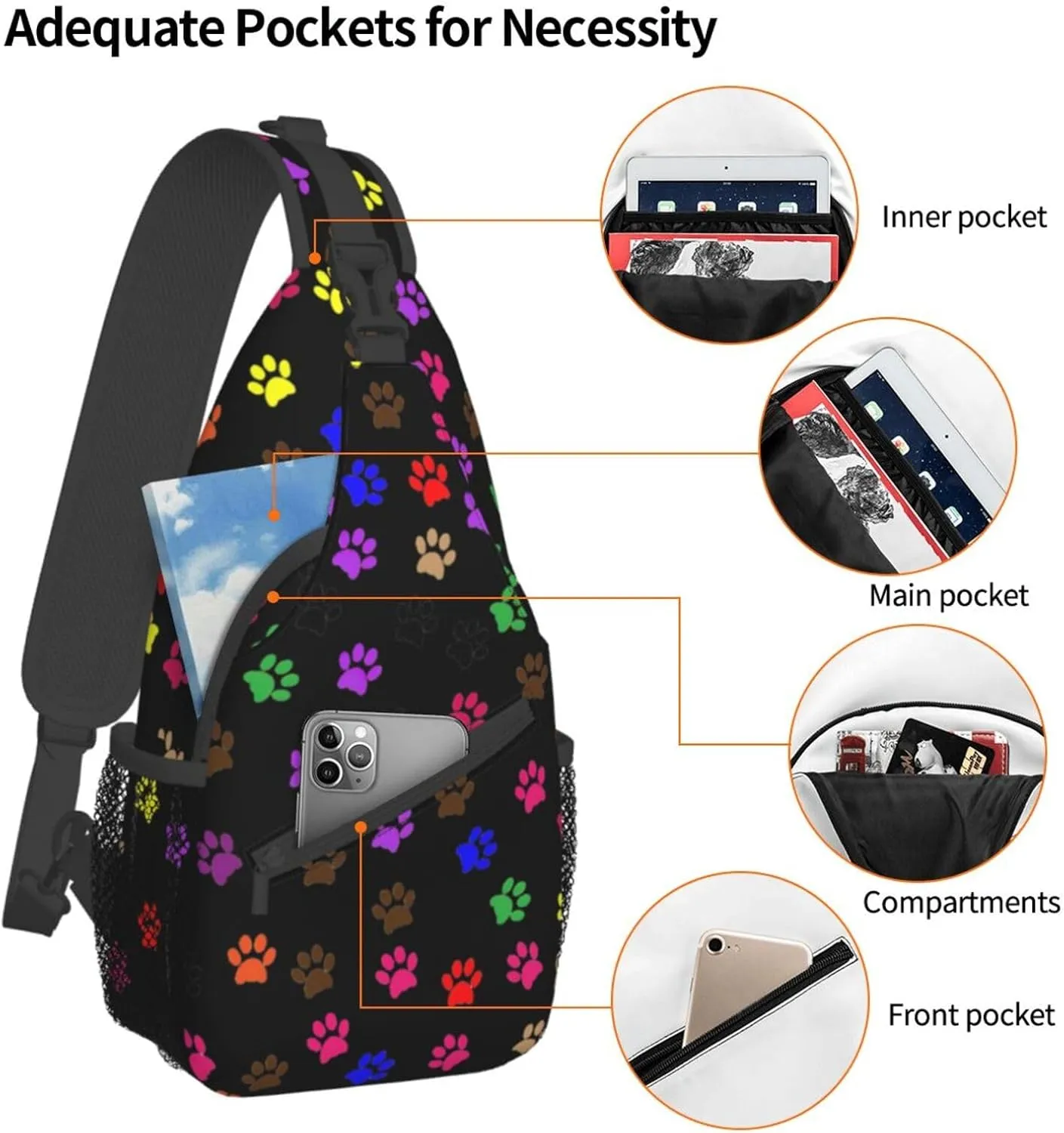 Paw Printed Unisex Casual Diagonal Chest Bag,Multipurpose Crossbody Shoulder Bag Travel Hiking Daypack