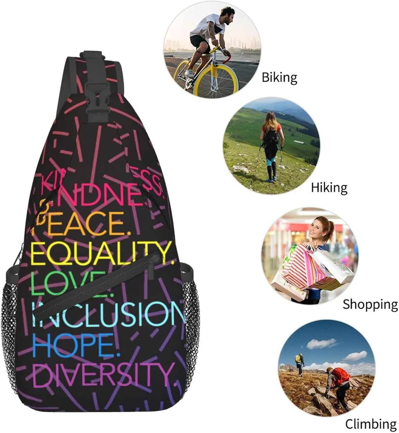Peace Love Hope Equality Inclusion Diversity Crossbody Backpack For Men Women Sling Shoulder Dachshunds Dog Chest Bag Lightweight One Strap Multipurpose Travel Hiking Daypack