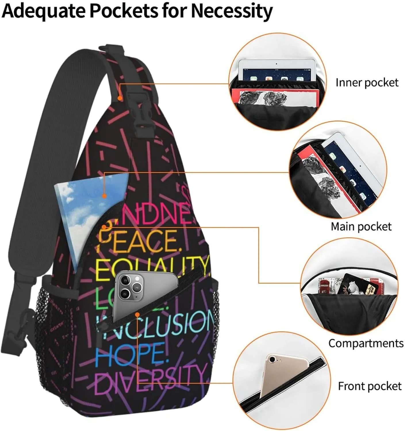 Peace Love Hope Equality Inclusion Diversity Crossbody Backpack For Men Women Sling Shoulder Dachshunds Dog Chest Bag Lightweight One Strap Multipurpose Travel Hiking Daypack