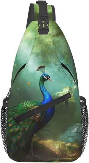 Peacock in forest Sling Backpack Cross Chest Bag Travel Crossbody Bags for Men Women Fashion Daypack