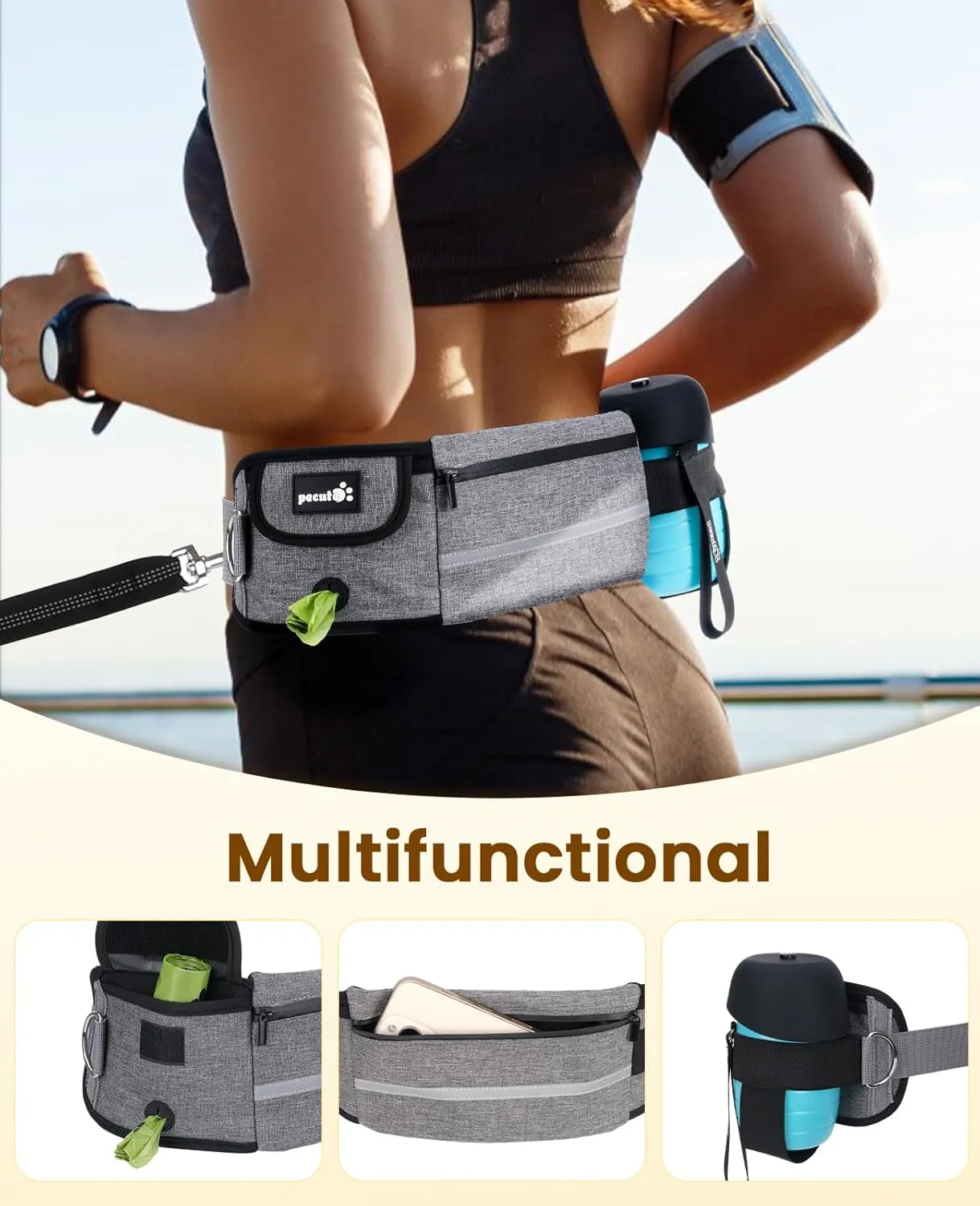 Pecute Hands Free Dog Leash with Pouch, Waist Belt Fanny Pack with Soft Padds, Dual Padded Handles and Durable Bungee for Walking, Hiking, Jogging Biking, and Running (Up to 220lbs)