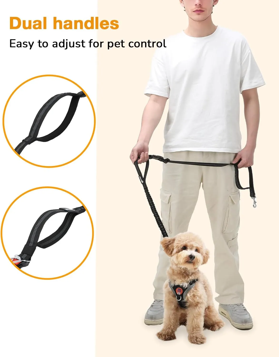 Pecute Hands Free Dog Leash with Pouch, Waist Belt Fanny Pack with Soft Pads, Dual Padded Handles and Durable Bungee for Walking, Hiking, Jogging Biking,Running,Orange(Up to 220lbs)