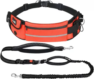 Pecute Hands Free Dog Leash with Pouch, Waist Belt Fanny Pack with Soft Pads, Dual Padded Handles and Durable Bungee for Walking, Hiking, Jogging Biking,Running,Orange(Up to 220lbs)