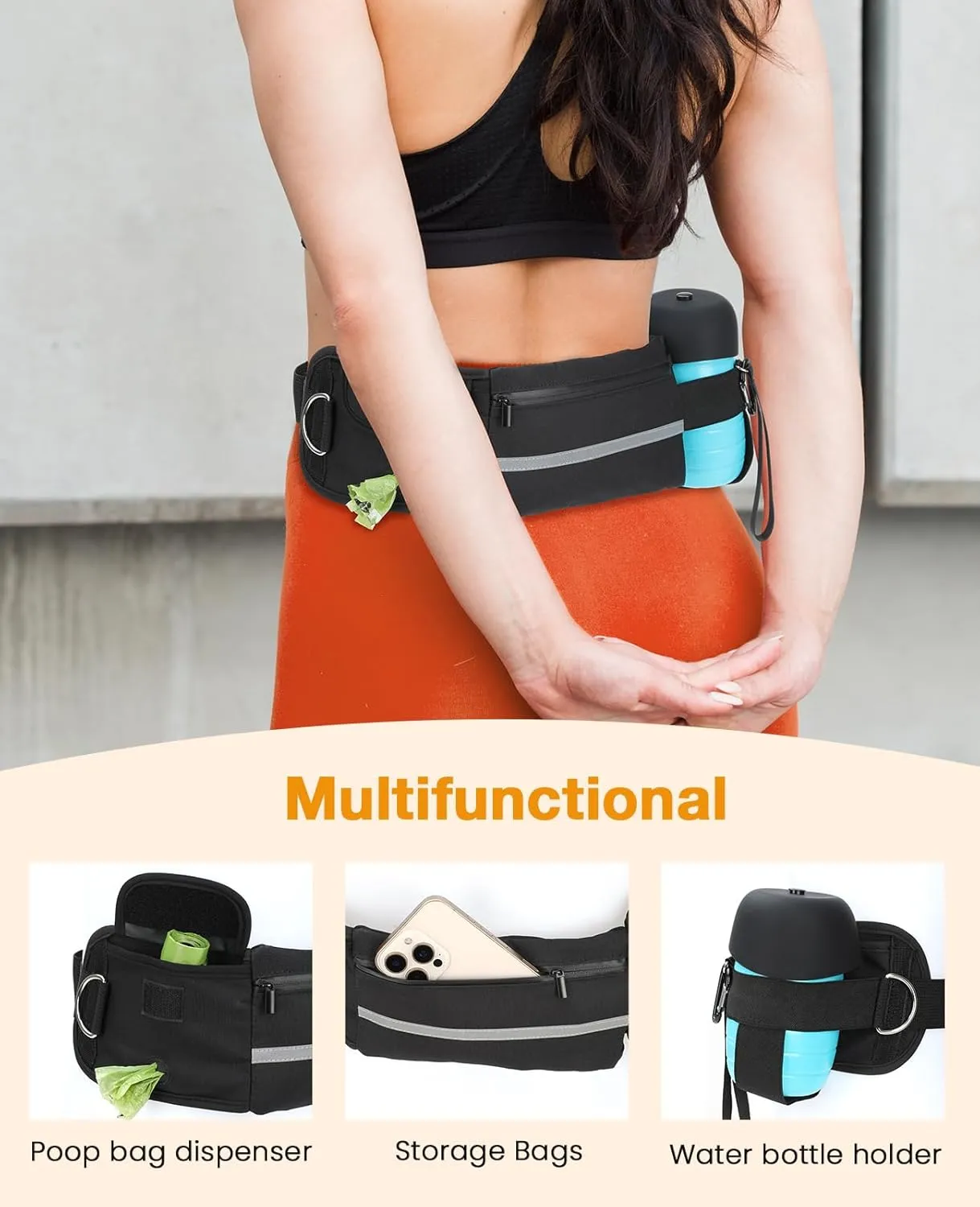 Pecute Hands Free Dog Leash with Pouch, Waist Belt Fanny Pack with Soft Pads, Dual Padded Handles and Durable Bungee for Walking, Hiking, Jogging Biking,Running,Orange(Up to 220lbs)