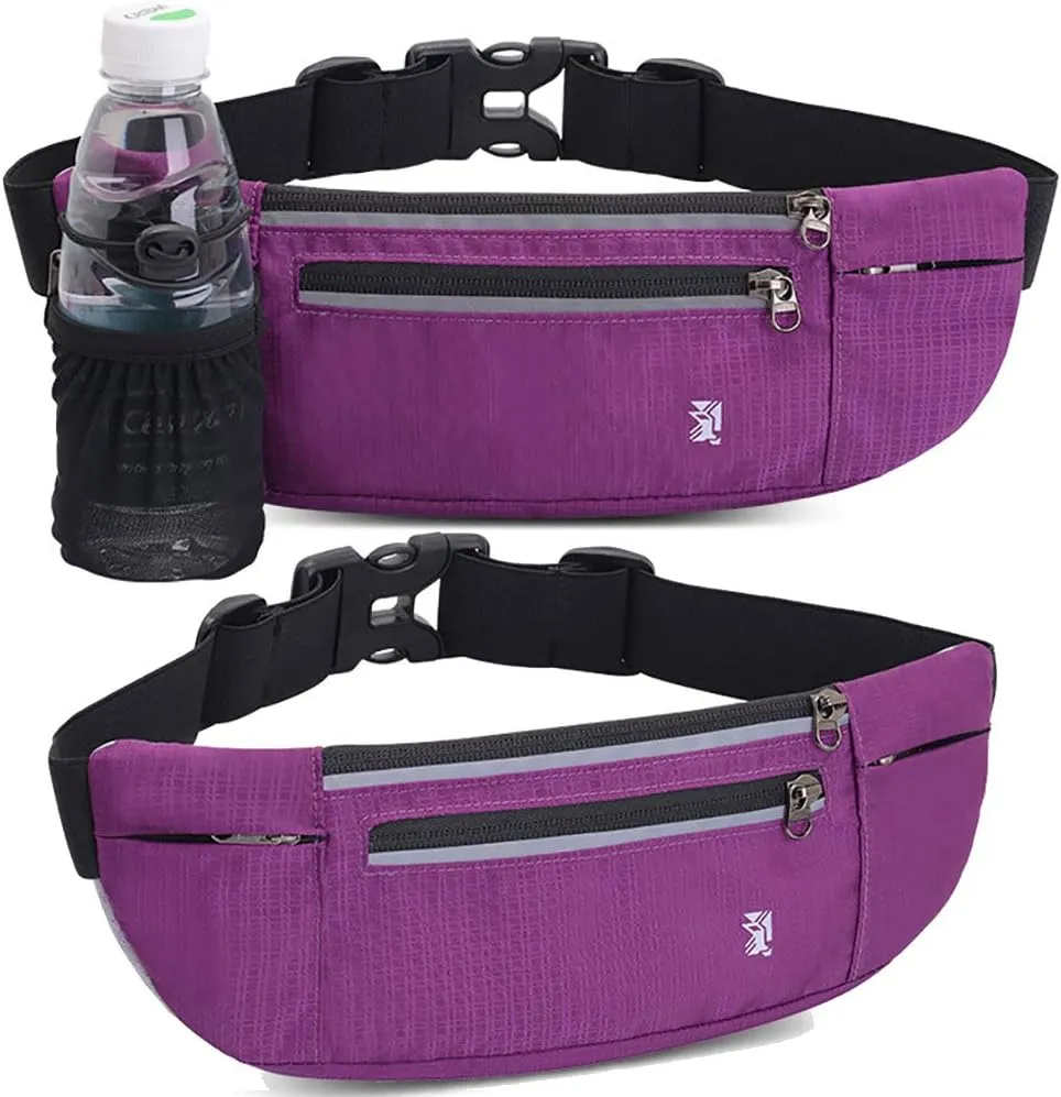 Peicees Fanny Pack with Water Bottle Holder Waist Bag for Men Women Water Resistant Lightweight Reflective Adjustable Running Belt Headphone Bag Travel Pocket for Outdoor Camping Fitness Hiking
