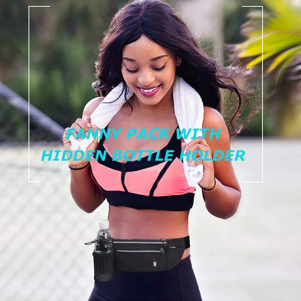 Peicees Fanny Pack with Water Bottle Holder Waist Bag for Men Women Water Resistant Lightweight Reflective Adjustable Running Belt Headphone Bag Travel Pocket for Outdoor Camping Fitness Hiking