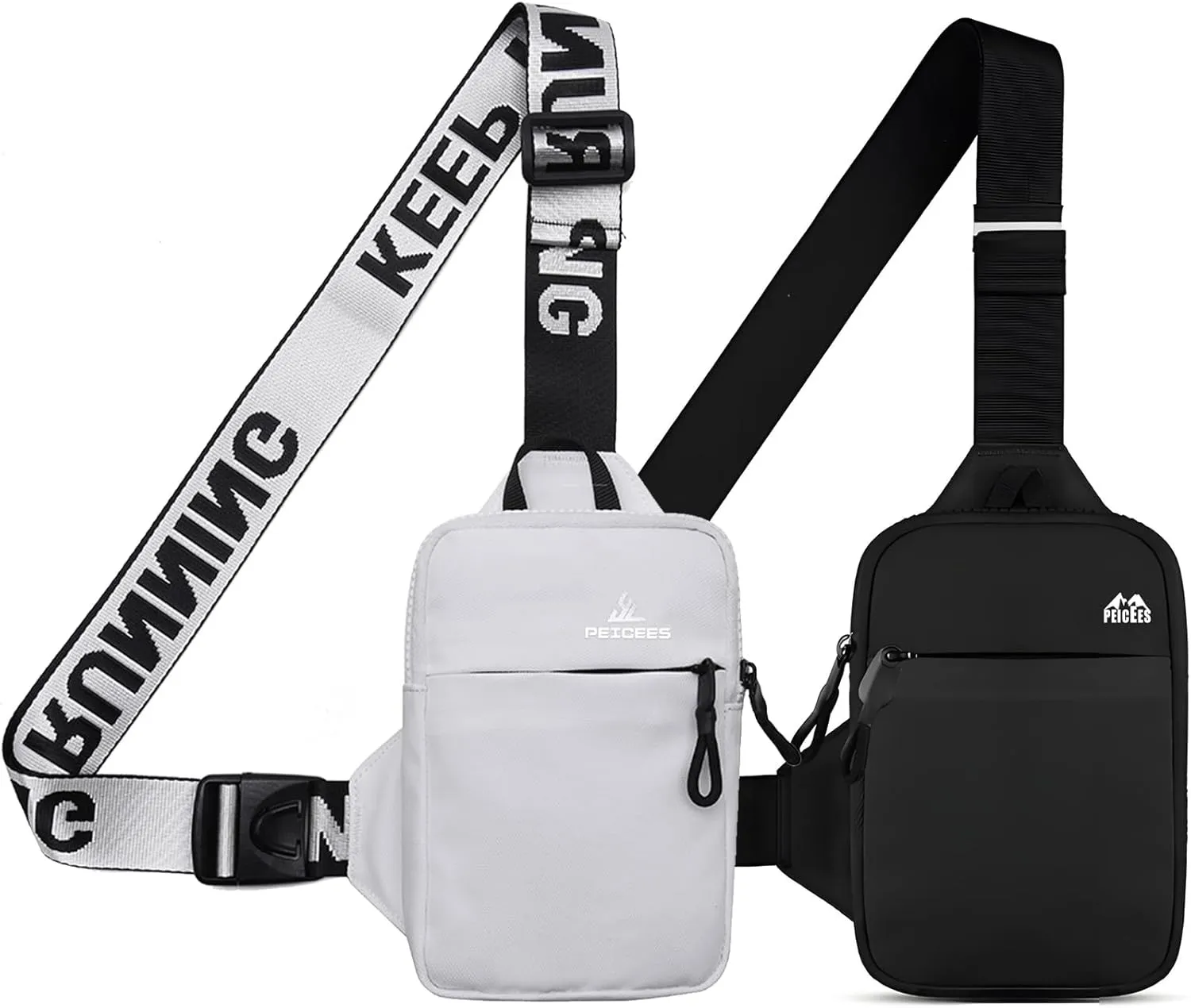 Peicees Mini Crossbody Sling Bag Chest Bag Dual Pocket Water Resistant Fanny Pack Running Phone Holder for Men Women Workout Travel, White and Black