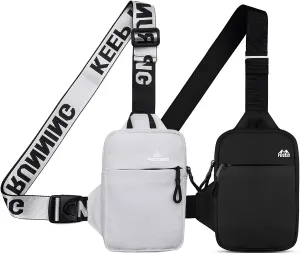 Peicees Mini Crossbody Sling Bag Chest Bag Dual Pocket Water Resistant Fanny Pack Running Phone Holder for Men Women Workout Travel, White and Black