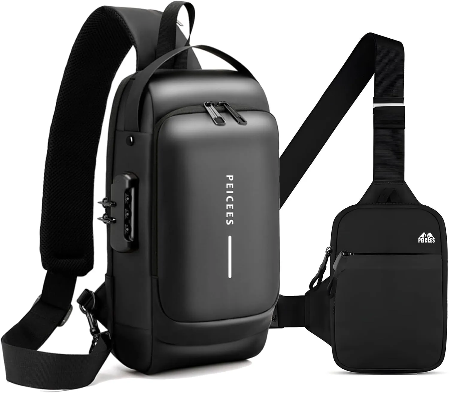 Peicees Pack of 2 Mens Crossbody Bag Man Bags Mens Purse Anti-theft Sling Bag Shoulder Bag Chest Bag, Leather Black and Mini Black