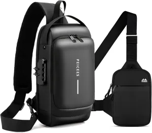 Peicees Pack of 2 Mens Crossbody Bag Man Bags Mens Purse Anti-theft Sling Bag Shoulder Bag Chest Bag, Leather Black and Mini Black