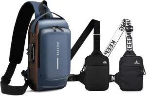 Peicees Pack of 3 Mens Crossbody Bag Man Bags Mens Purse Anti-theft Sling Bag Shoulder Bag Chest Bag, Leather Blue Gold and Mini Black and Mini Black