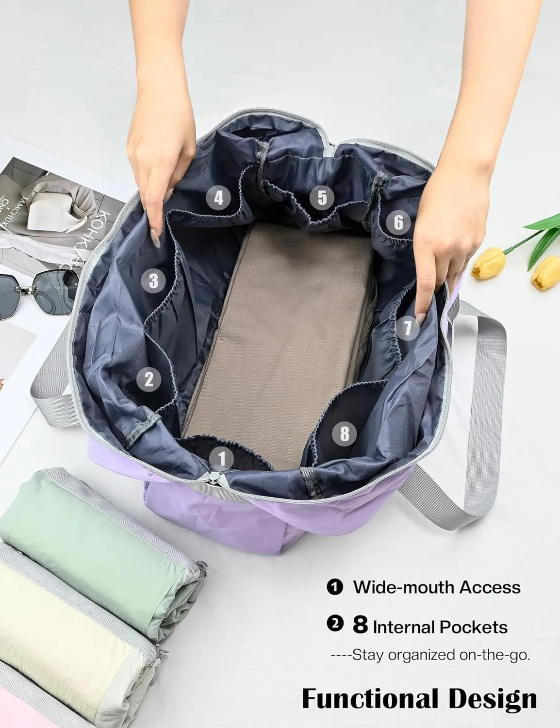 Personal Item Bag for Frontier Spirit Airlines 18x14x8, Under Seat Bags for Airplanes, Portable Foldable Duffle Bag for Travel Fitness Swim Yoga Beach, Lilac Purple