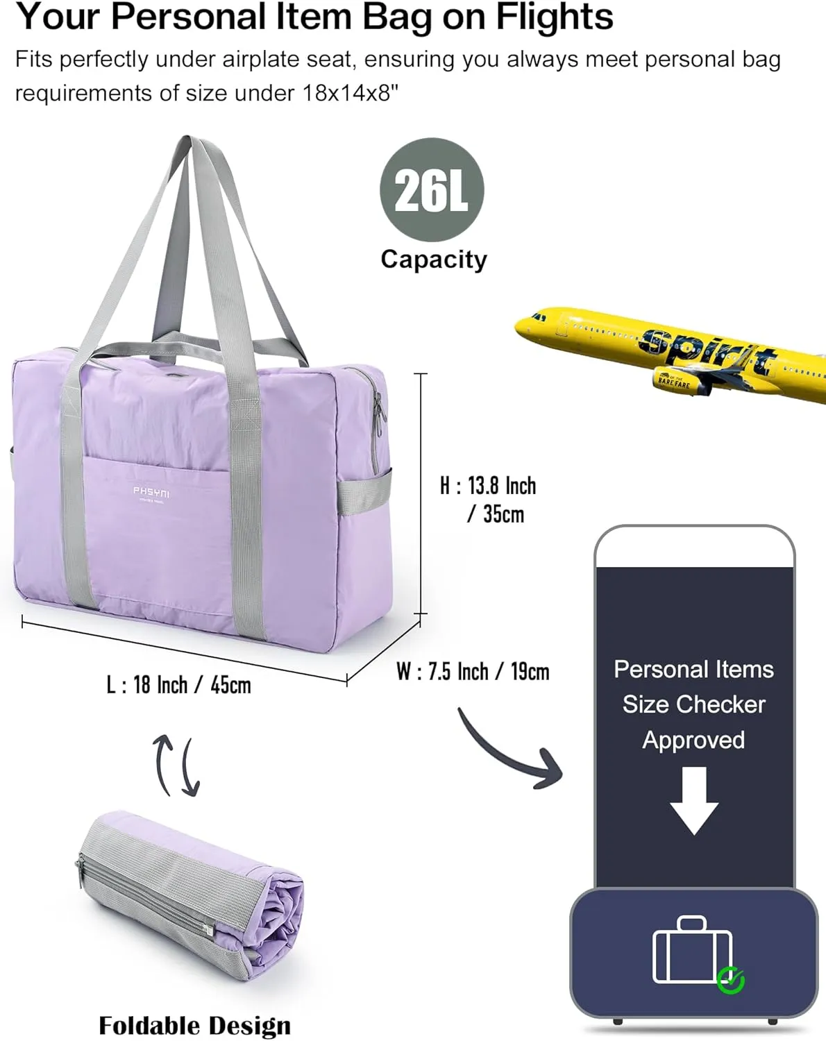 Personal Item Bag for Frontier Spirit Airlines 18x14x8, Under Seat Bags for Airplanes, Portable Foldable Duffle Bag for Travel Fitness Swim Yoga Beach, Lilac Purple