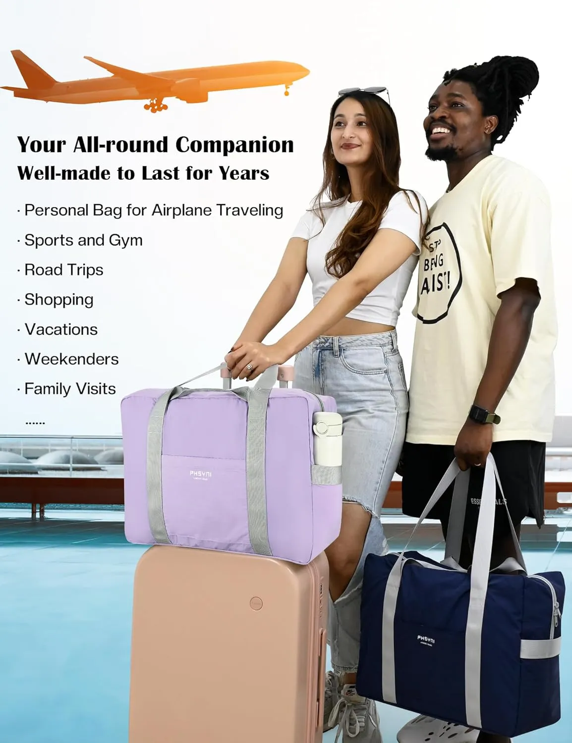Personal Item Bag for Frontier Spirit Airlines 18x14x8, Under Seat Bags for Airplanes, Portable Foldable Duffle Bag for Travel Fitness Swim Yoga Beach, Lilac Purple