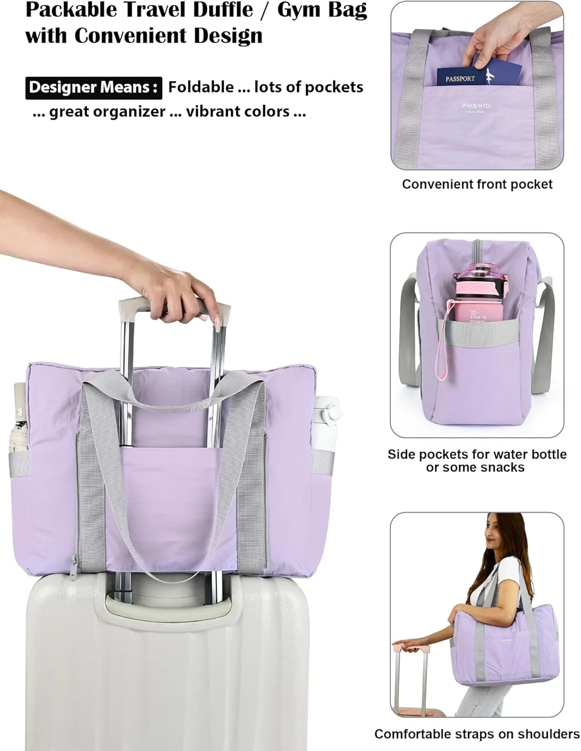 Personal Item Bag for Frontier Spirit Airlines 18x14x8, Under Seat Bags for Airplanes, Portable Foldable Duffle Bag for Travel Fitness Swim Yoga Beach, Lilac Purple