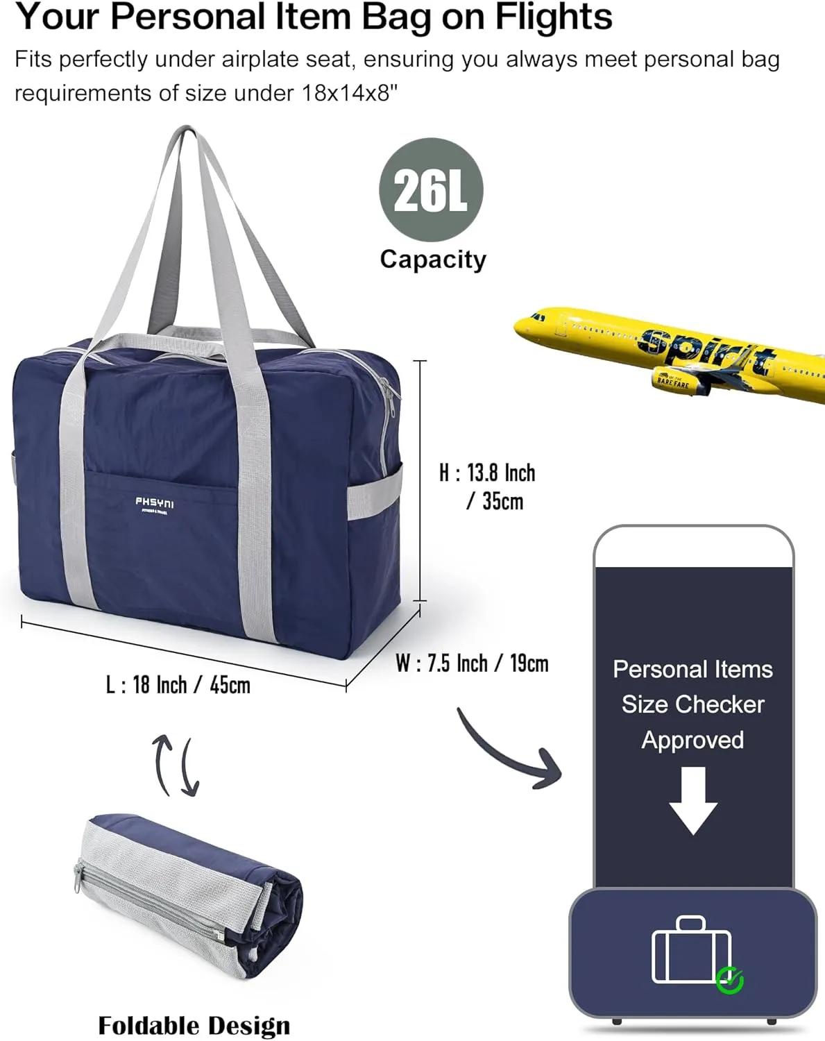 Personal Item Bag for Frontier Spirit Airlines 18x14x8, Under Seat Bags for Airplanes, Portable Foldable Duffle Bag for Travel Fitness Swim Yoga Beach, Navy Blue