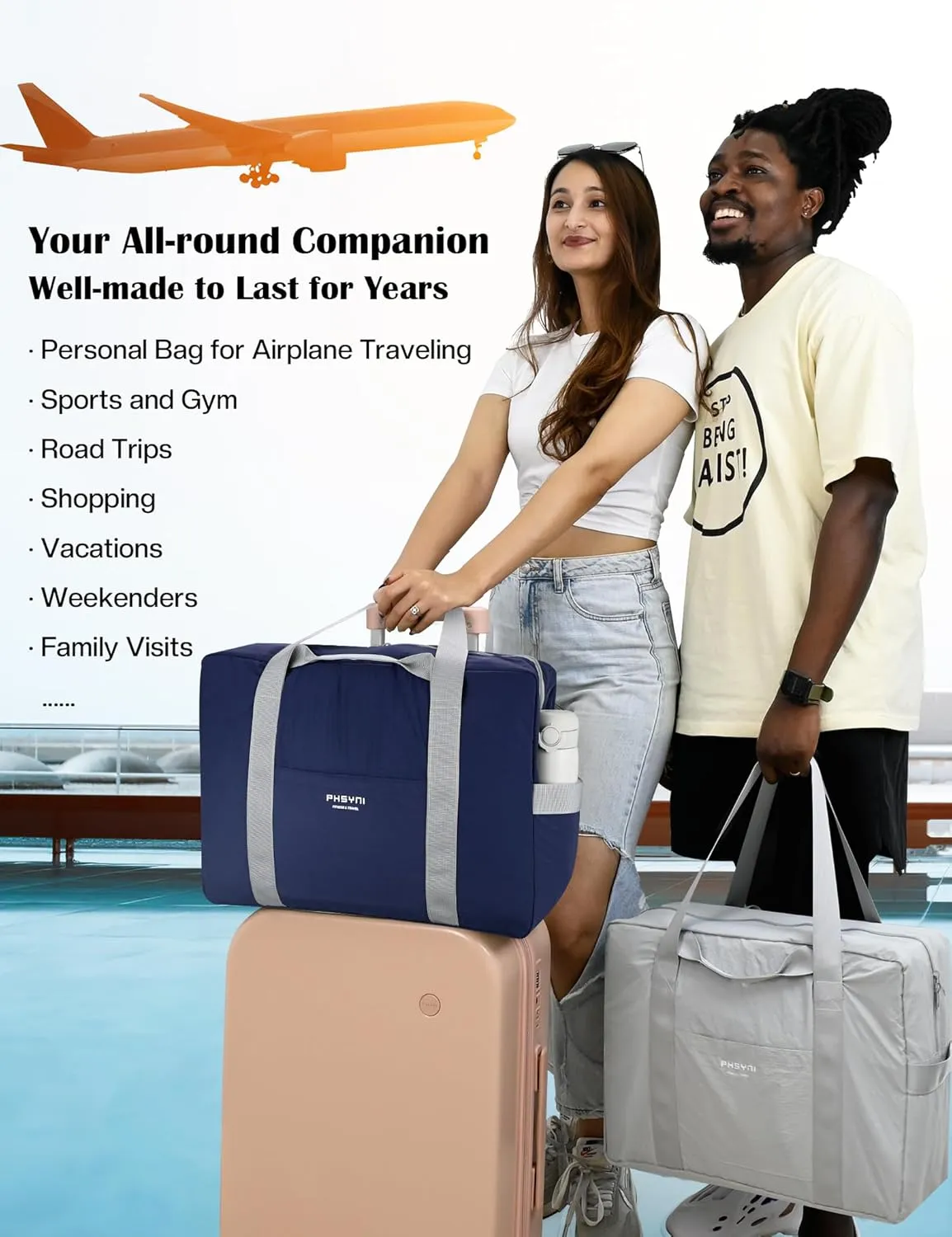 Personal Item Bag for Frontier Spirit Airlines 18x14x8, Under Seat Bags for Airplanes, Portable Foldable Duffle Bag for Travel Fitness Swim Yoga Beach, Navy Blue
