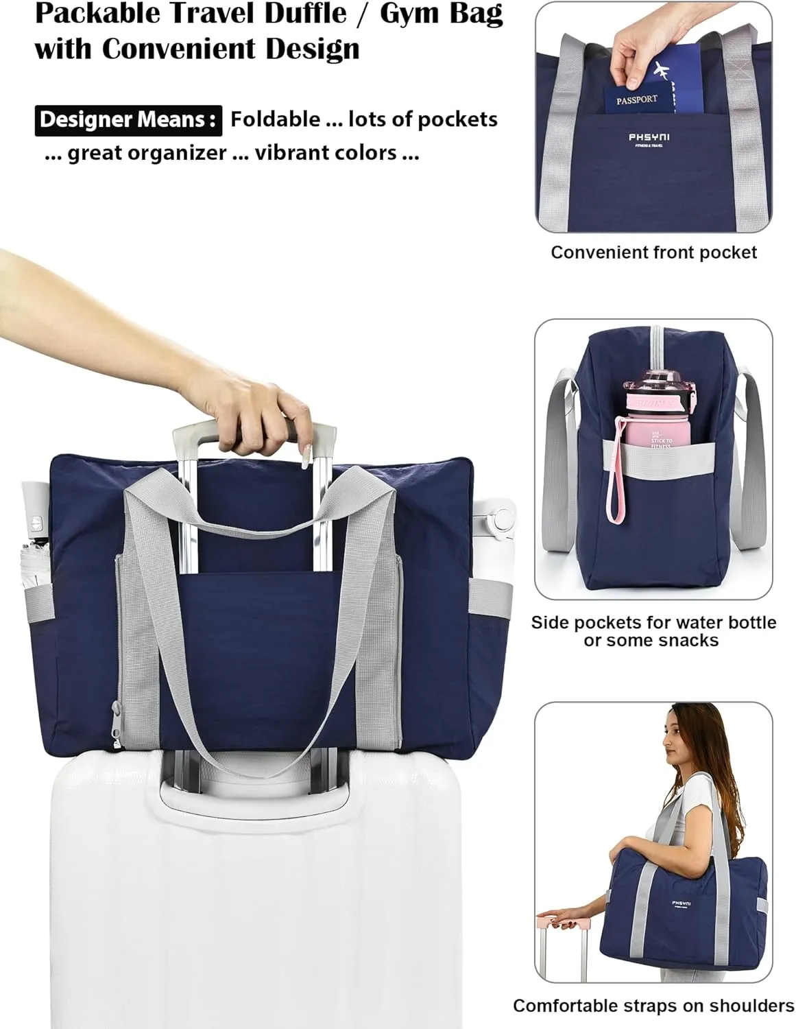 Personal Item Bag for Frontier Spirit Airlines 18x14x8, Under Seat Bags for Airplanes, Portable Foldable Duffle Bag for Travel Fitness Swim Yoga Beach, Navy Blue