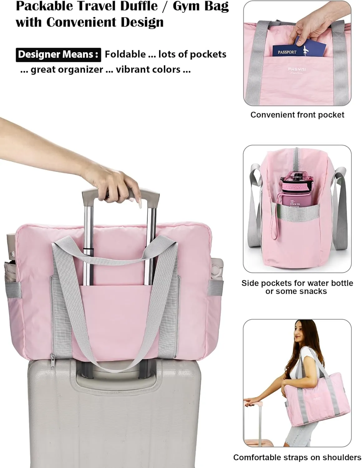 Personal Item Bag for Frontier Spirit Airlines 18x14x8, Under Seat Bags for Airplanes, Portable Foldable Duffle Bag for Travel Fitness Swim Yoga Beach, Pink