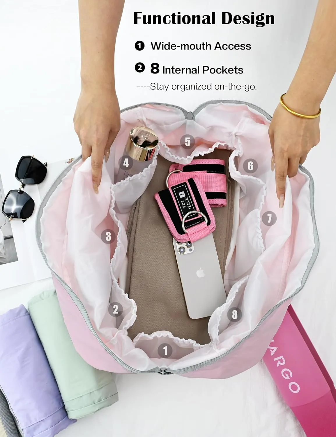 Personal Item Bag for Frontier Spirit Airlines 18x14x8, Under Seat Bags for Airplanes, Portable Foldable Duffle Bag for Travel Fitness Swim Yoga Beach, Pink