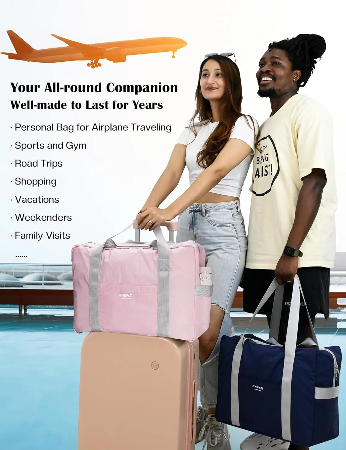Personal Item Bag for Frontier Spirit Airlines 18x14x8, Under Seat Bags for Airplanes, Portable Foldable Duffle Bag for Travel Fitness Swim Yoga Beach, Pink