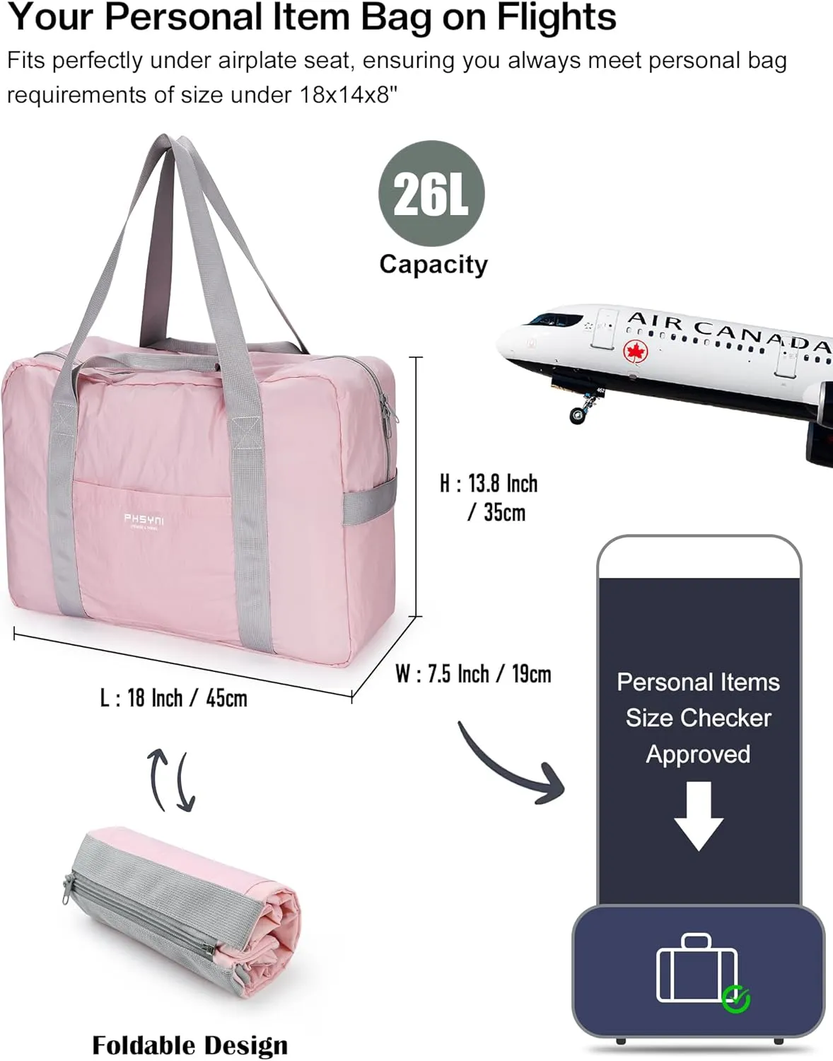 Personal Item Bag for Frontier Spirit Airlines 18x14x8, Under Seat Bags for Airplanes, Portable Foldable Duffle Bag for Travel Fitness Swim Yoga Beach, Pink