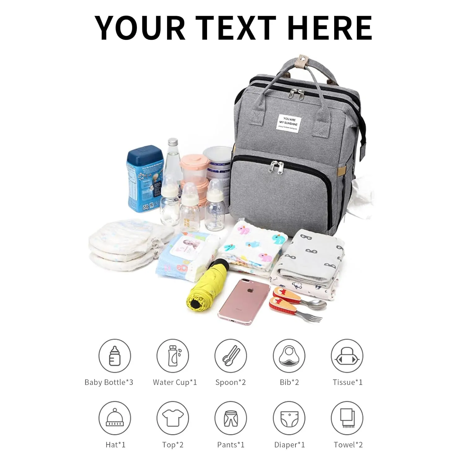 Personalized 3 in 1 Diaper Bag Backpack with Changing Station Multifunction Large Baby Diaper Bags for Boys & Girls Portable, Custom Lightweight Changing Bag Newborn Baby Essential Gifts (Grey)