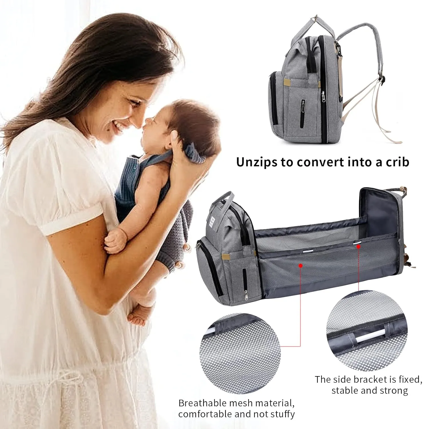 Personalized 3 in 1 Diaper Bag Backpack with Changing Station Multifunction Large Baby Diaper Bags for Boys & Girls Portable, Custom Lightweight Changing Bag Newborn Baby Essential Gifts (Grey)