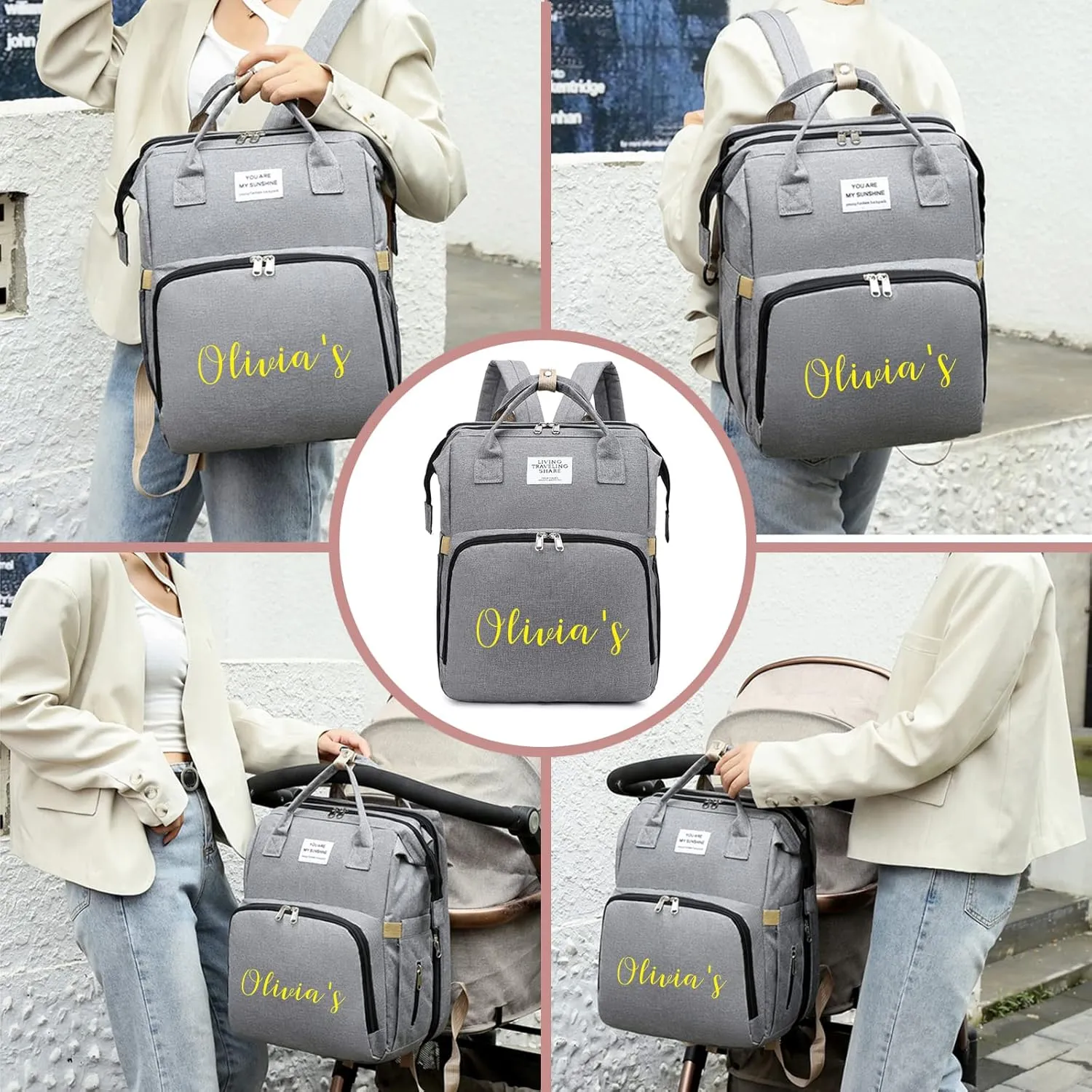Personalized 3 in 1 Diaper Bag Backpack with Changing Station Multifunction Large Baby Diaper Bags for Boys & Girls Portable, Custom Lightweight Changing Bag Newborn Baby Essential Gifts (Grey)