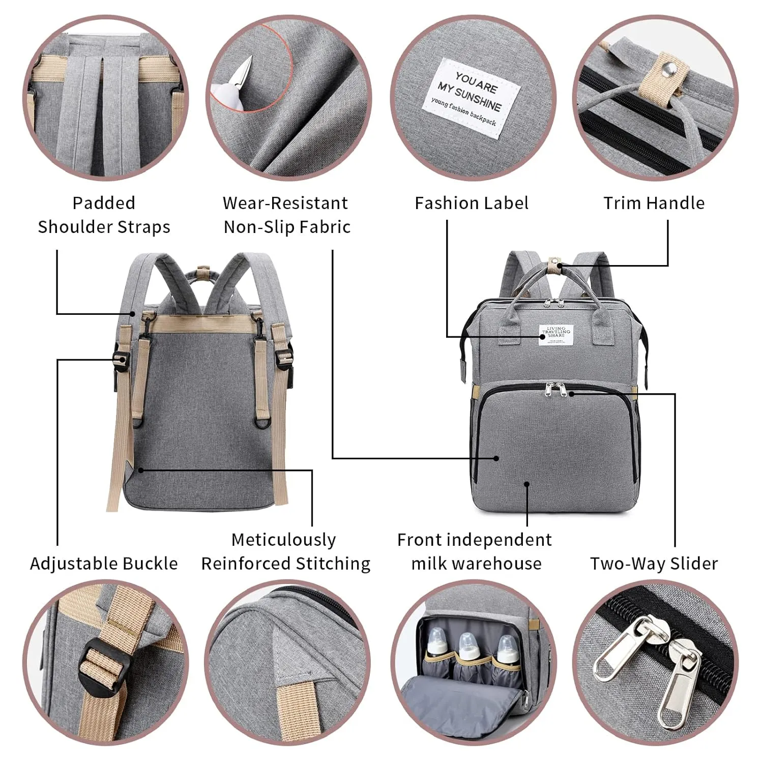 Personalized 3 in 1 Diaper Bag Backpack with Changing Station Multifunction Large Baby Diaper Bags for Boys & Girls Portable, Custom Lightweight Changing Bag Newborn Baby Essential Gifts (Grey)