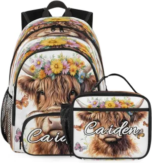 Personalized Backpack with Lunch Box for Men Women, 16" Causual Backpack for Travel, Animal Highland Cow Custom Large Capacity Lightweight Dackpack, Flowers