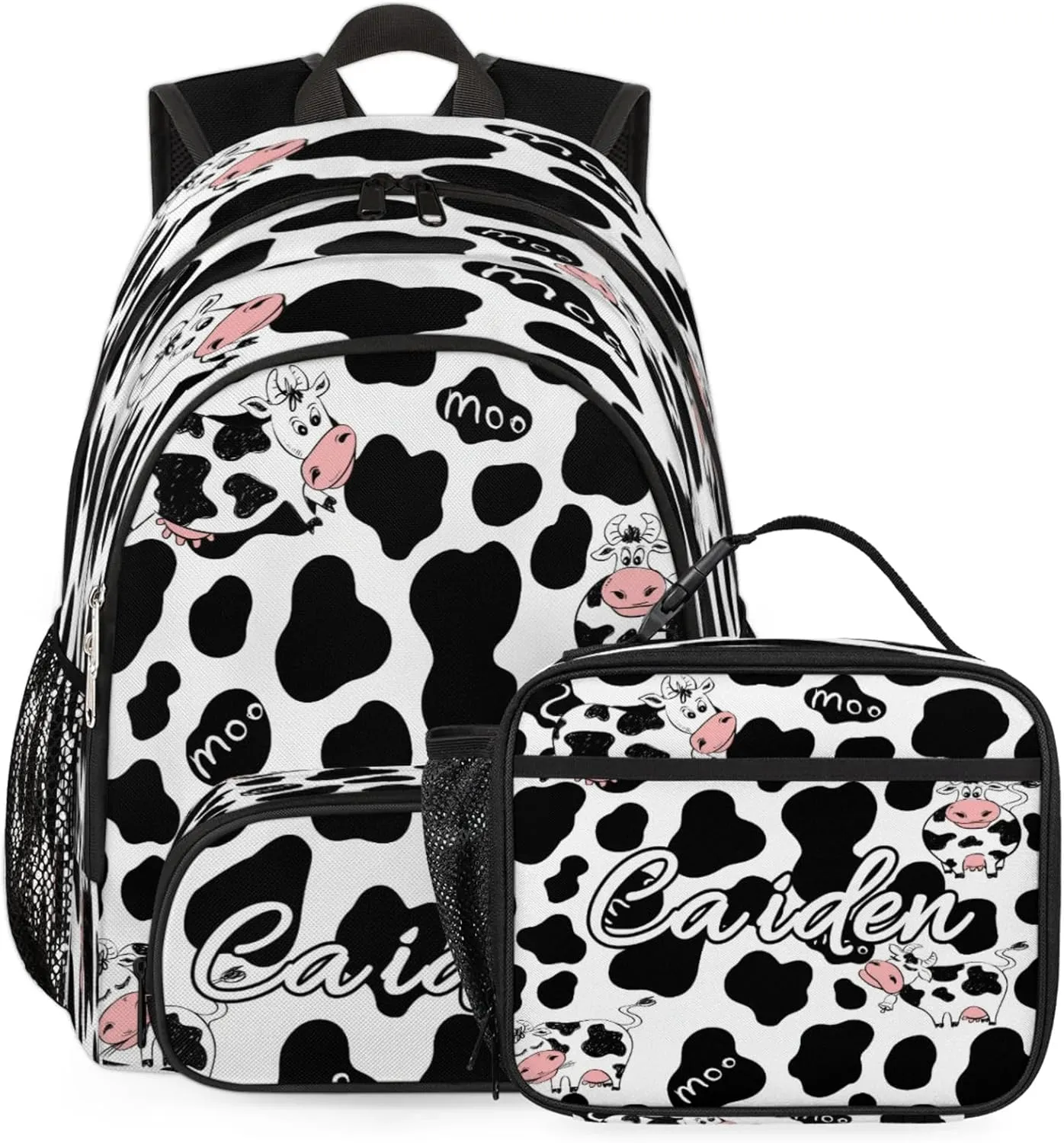 Personalized Backpack with Lunch Box for Men Women, 16" Causual Backpack for Travel, Cow Print Custom Large Capacity Lightweight Dackpack, Milk Cow Print