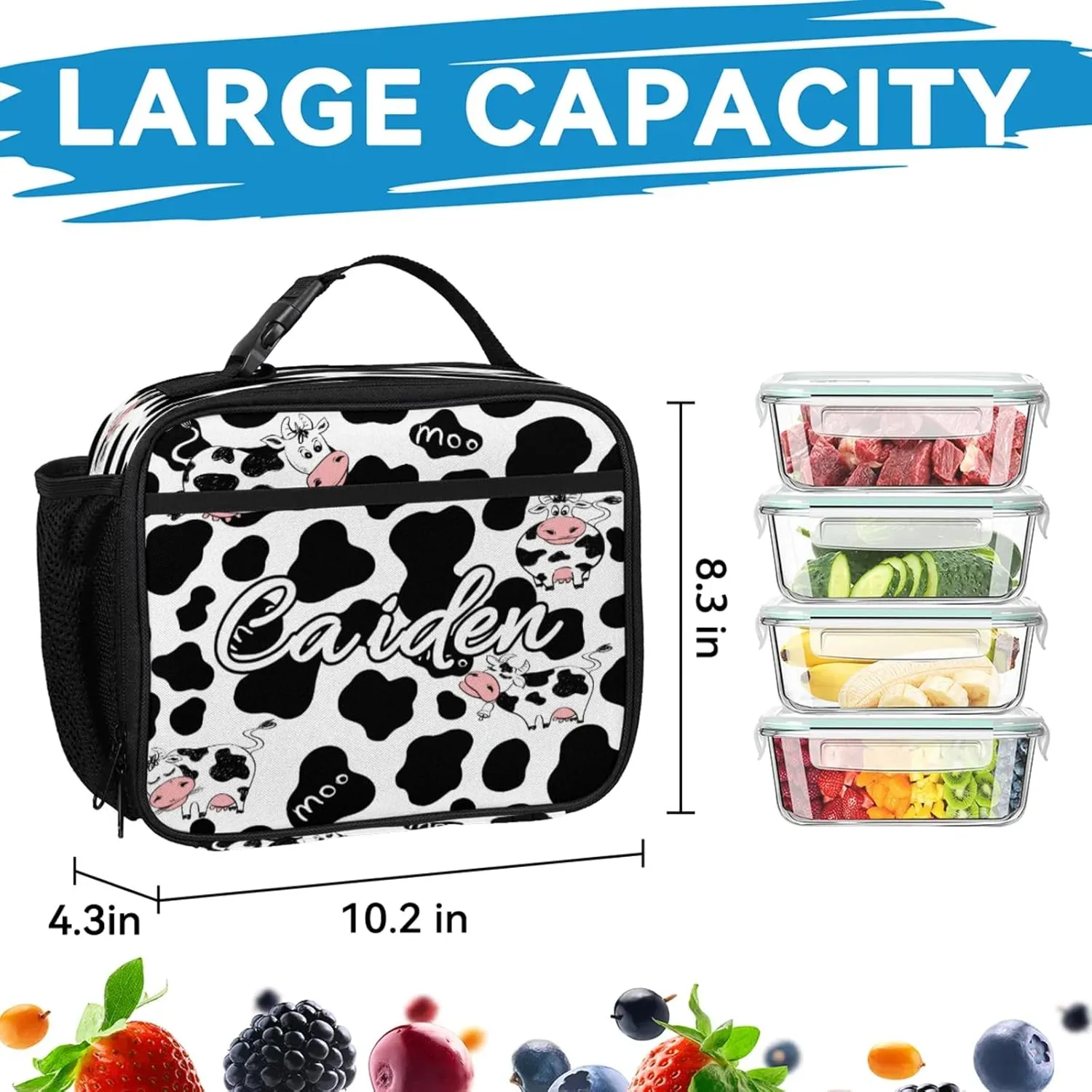 Personalized Backpack with Lunch Box for Men Women, 16" Causual Backpack for Travel, Cow Print Custom Large Capacity Lightweight Dackpack, Milk Cow Print