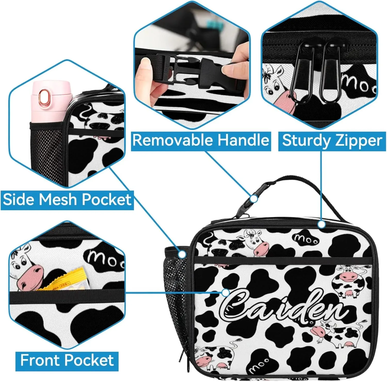 Personalized Backpack with Lunch Box for Men Women, 16" Causual Backpack for Travel, Cow Print Custom Large Capacity Lightweight Dackpack, Milk Cow Print