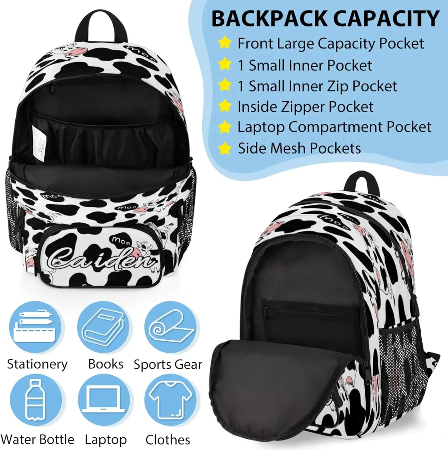 Personalized Backpack with Lunch Box for Men Women, 16" Causual Backpack for Travel, Cow Print Custom Large Capacity Lightweight Dackpack, Milk Cow Print