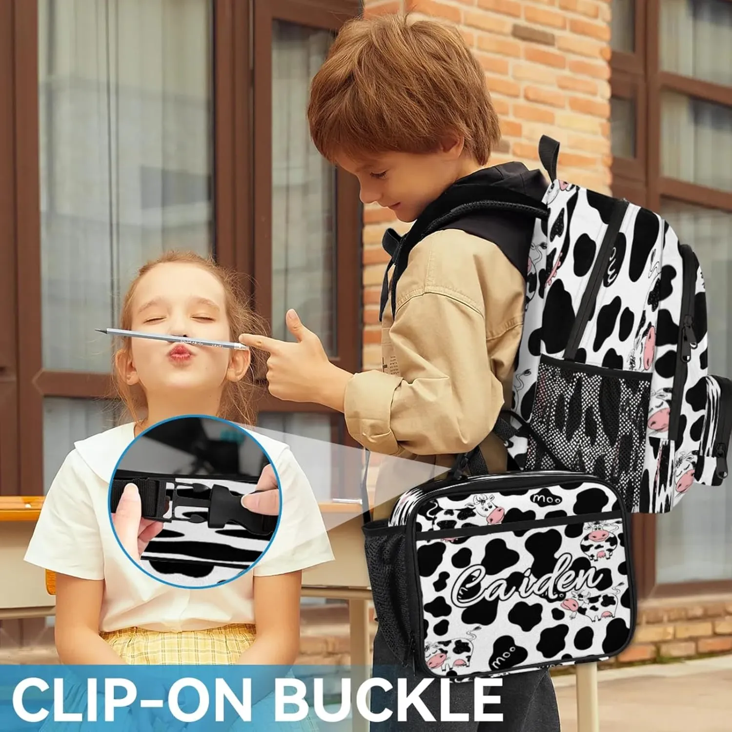Personalized Backpack with Lunch Box for Men Women, 16" Causual Backpack for Travel, Cow Print Custom Large Capacity Lightweight Dackpack, Milk Cow Print