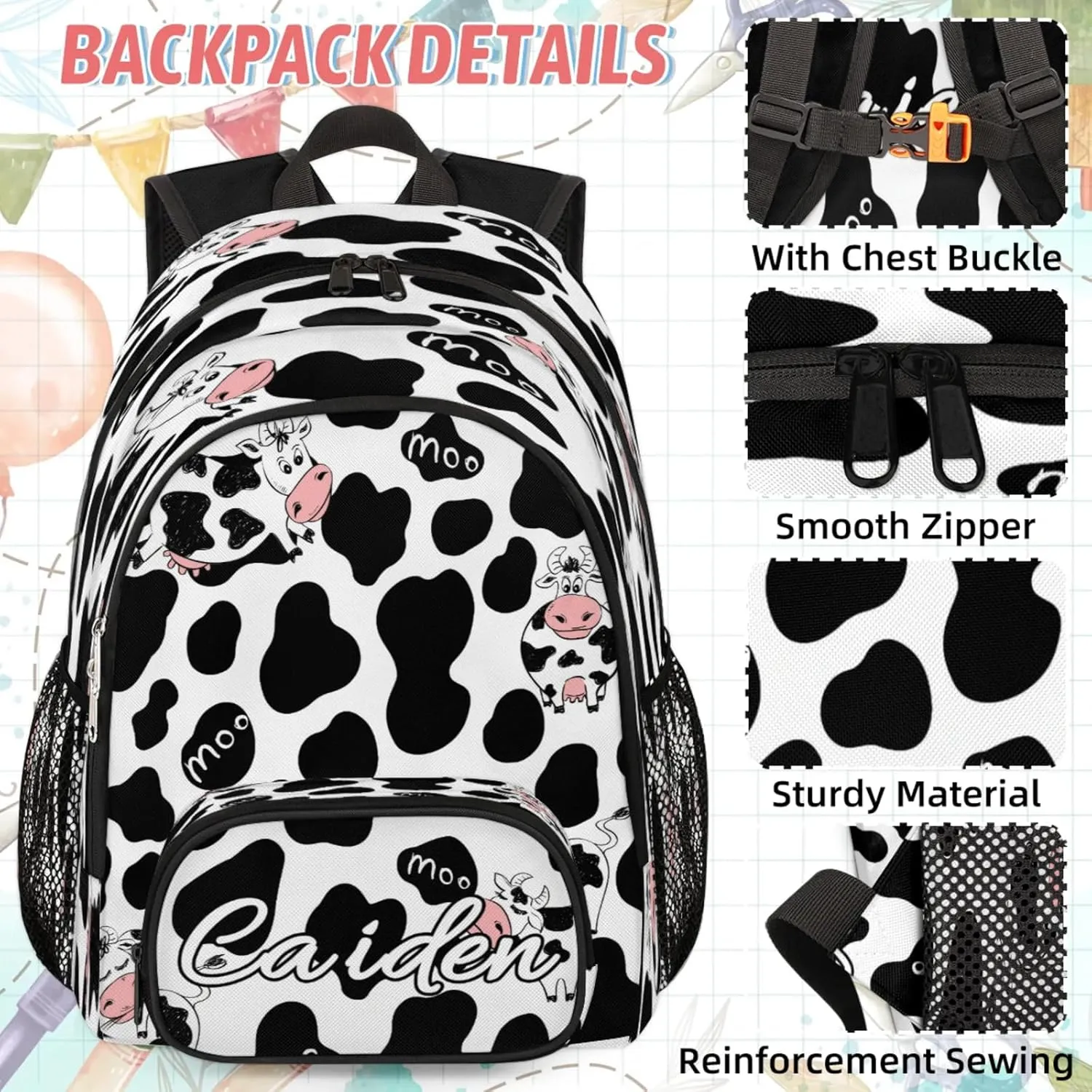 Personalized Backpack with Lunch Box for Men Women, 16" Causual Backpack for Travel, Cow Print Custom Large Capacity Lightweight Dackpack, Milk Cow Print